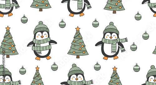 Charming seamless pattern of cute penguins in winter hats and scarves with decorated Christmas trees and ornaments.