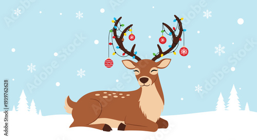 Beautiful reindeer resting in a snowy winter landscape with colorful Christmas lights and ornaments on its antlers.