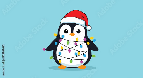 Cute penguin wearing a red Santa hat wrapped in colorful tangled Christmas lights on a light blue winter background.