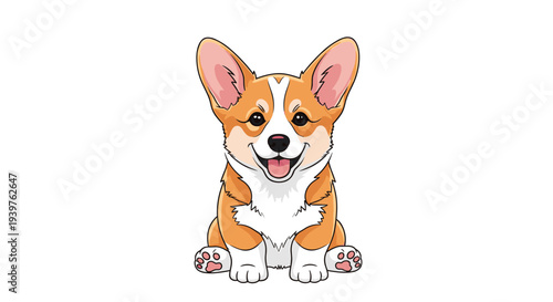 Adorable cartoon illustration of a happy Welsh Corgi dog sitting and smiling with its tongue out on white background.