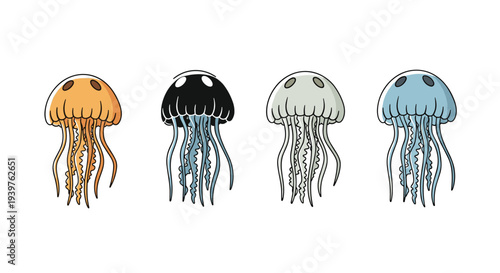 Graphic illustration of four jellyfish in orange, black, white, and blue colors with long tentacles on a white background.