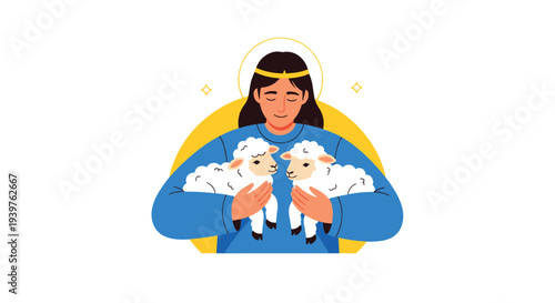 Peaceful illustration of a young girl with a halo gently holding two fluffy white lambs in her arms with love.