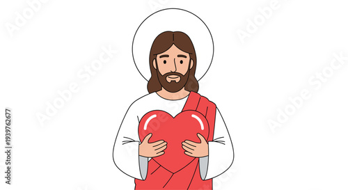 Spiritual illustration of Jesus Christ with a halo wearing white and red robes holding a large red heart with love.