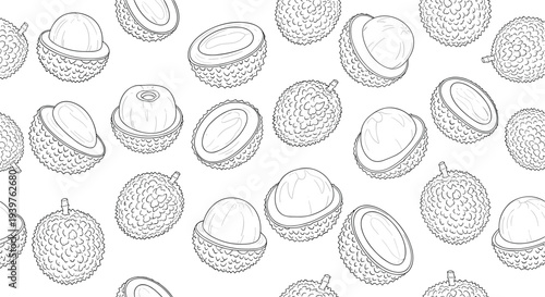 Detailed black and white line art seamless pattern of whole and halved lychee fruits for coloring or decoration.