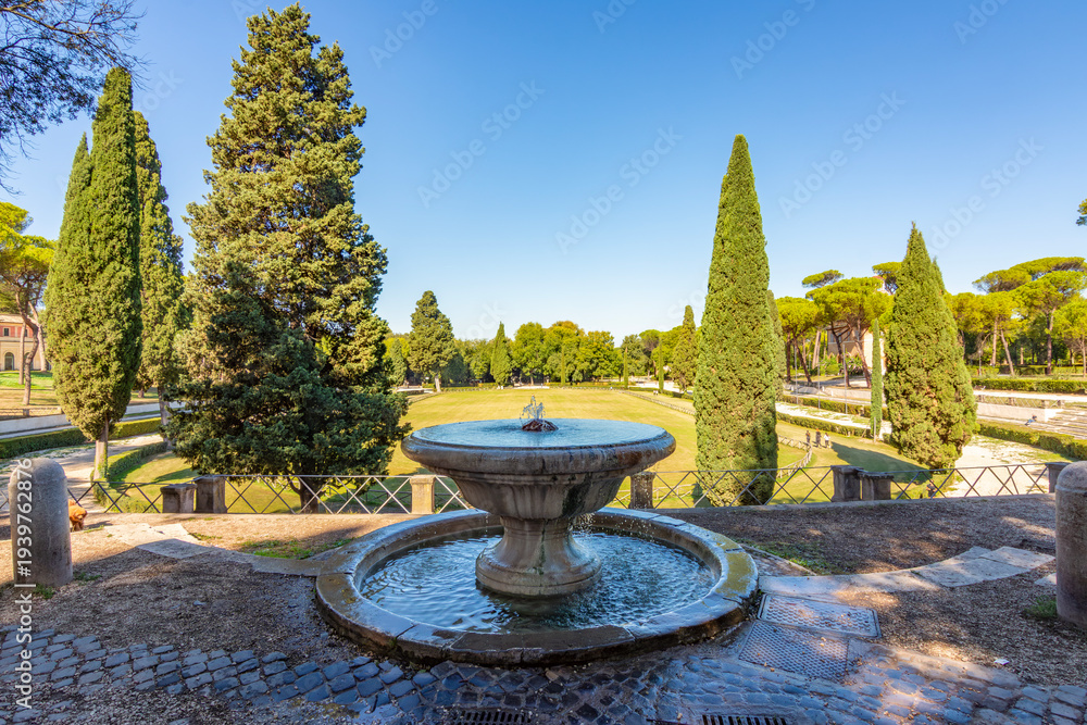 Obraz premium Fountain at Piazza di Siena square in Villa Borghese park, Rome, Italy