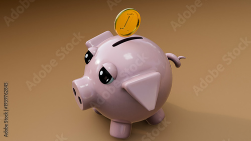 Pink Piggy Bank receiving a Coin 3D render