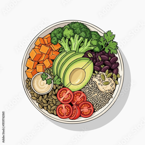 A vibrant illustration of a healthy bowl filled with various nutritious foods