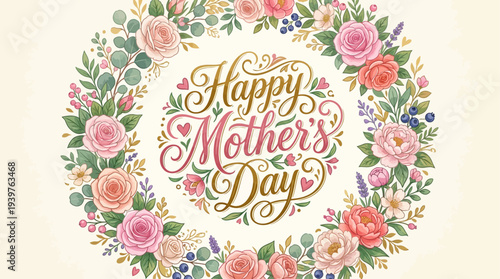 Decorative calligraphy lettering Happy Mother’s Day with floral wreath frame, vector illustration