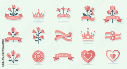 Decorative Mother’s Day flat icons with soft pastel colors, flower, crown, ribbon, heart shapes