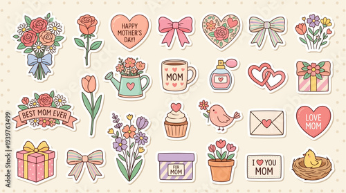 Cute Mother’s Day sticker style icon set, flowers, hearts, ribbon bows, gift boxes, pastel vector illustration