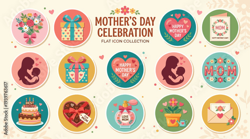 Mother’s Day celebration flat icon collection, floral bouquet, gift box, heart symbol, greeting card