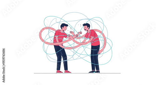 Two men struggling with tangled lines, symbolizing conflict, confusion, and complex problems