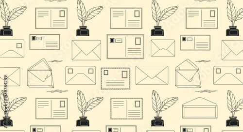Vintage style seamless pattern featuring envelopes, postcards, inkwells, and quill pens on a warm cream background for stationary.