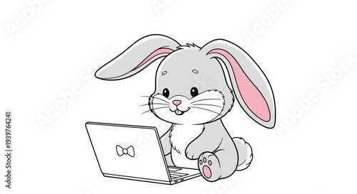 Cute grey bunny character sitting and using a small laptop with a bow tie icon on the lid for educational concepts.