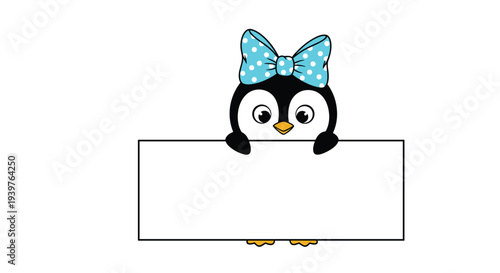 Adorable baby penguin wearing a large blue polka dot bow and holding a blank white sign for personalized messages or titles.