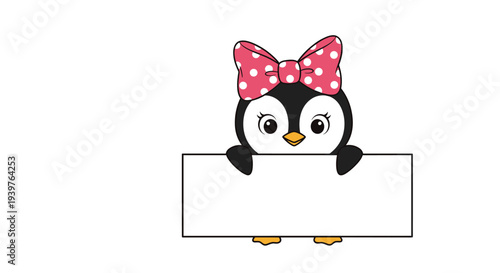 Sweet female penguin character with a pink polka dot bow holding a rectangular blank banner for announcements or promotions.