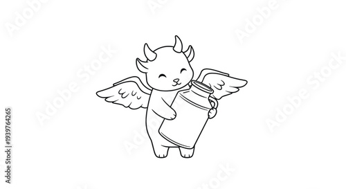 Simple line art illustration of a cute winged creature with small horns holding a large milk canister on a white background.