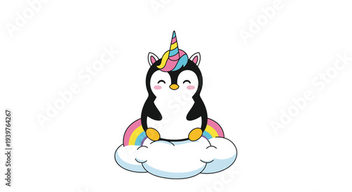Magical penguin character with a unicorn horn and rainbow tail sitting peacefully on a fluffy white cloud for dreamy designs.