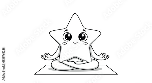 Peaceful star character sitting in a lotus meditation pose on a yoga mat for wellness and mindfulness concepts in line art.