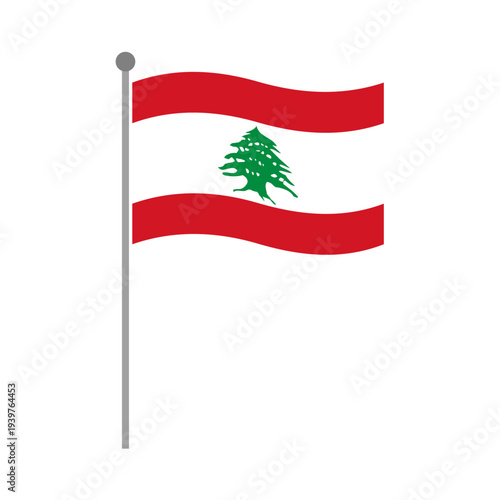 Lebanon national flag waving on flagpole vector illustration with green cedar tree symbol of Lebanese identity