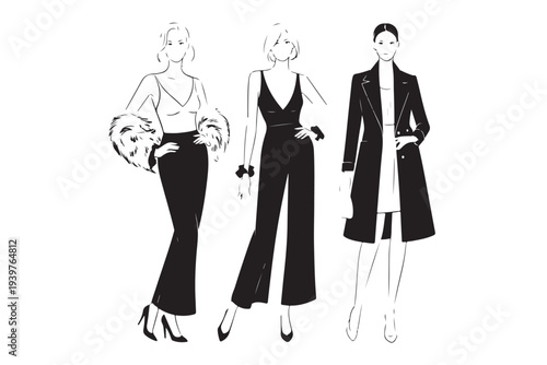 Three elegant women fashion models in various poses, showcasing diverse styles and modern attire. perfect for fashion design concepts