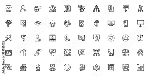 Content Creator icon set. Vector illustration pack featuring microphone, camera, vlogging, streaming, editing, social media, photography, laptop, tools and more. Editable stroke.