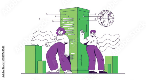 Illustration of people interacting with a data center server rack, representing global network infrastructure, cloud technology, and digital information management.