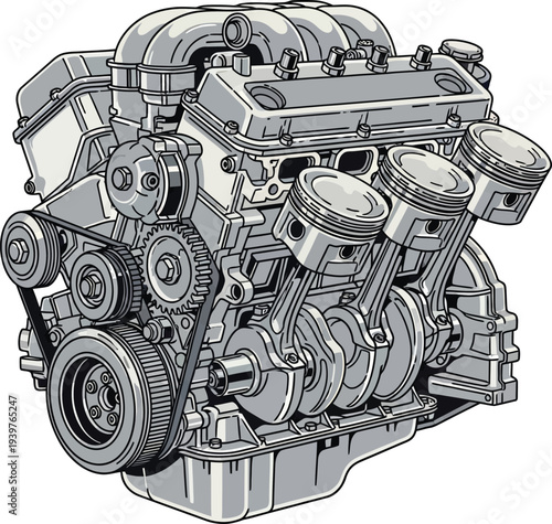 Detailed Internal Combustion Engine Illustration with Visible Components.