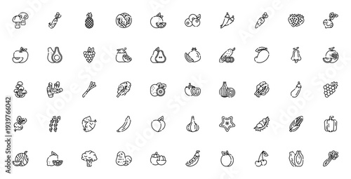 Fruits and Vegetables icon set. Vector collection of healthy food icons including Mushroom, Pineapple, Orange, Strawberry, Apple, Avocado, Tomato, Banana, Watermelon and more. Editable stroke.