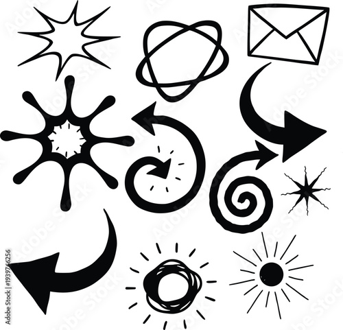 Set of Graphic Elements: A curated assortment of hand-drawn graphic elements, offering a range of stylized shapes and symbols, perfect for adding visual interest and flair to your design.