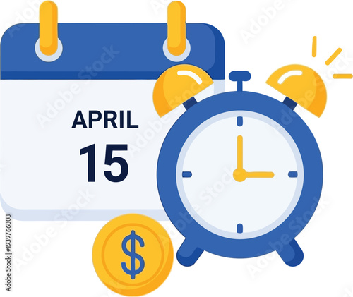 Crucial US Tax Day deadline Calendar, alarm clock, and money icon for financial planning