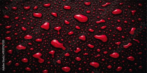 An artistic illustration of red blood cells and heart drops flowing through water on a black textured background for a romantic Valentine celebration card design