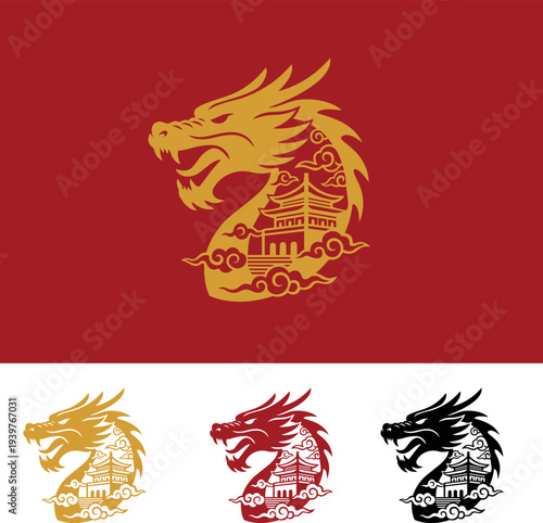 chinese dragon head silhouette filled with asian temple and clouds, double exposure effect, black white vector line art, bold lines