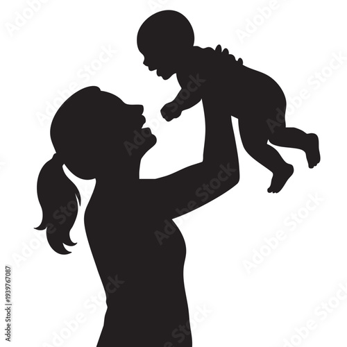 Silhouette of happy mother lifting her baby playfully in the air vector