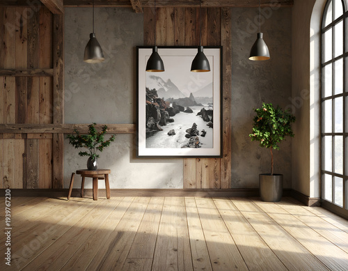 Rustic room wood walls, art, plants, window & pendant lights