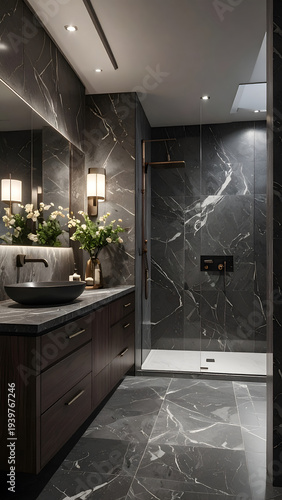 Modern dark marble bathroom, flowers, sleek vanity