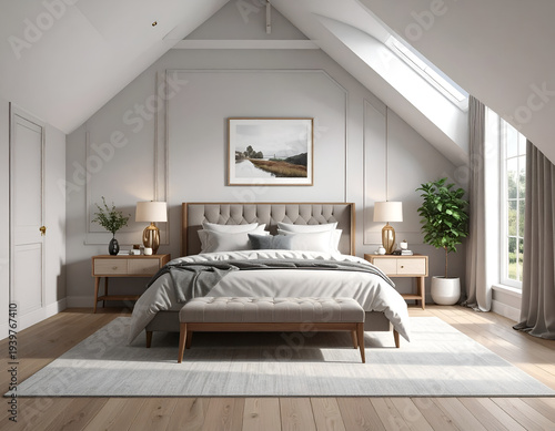 Attic bedroom neutral tones, sloped ceiling, wood floor