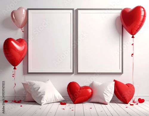 Two frames, heart balloons, pillows, Valentine's theme decor