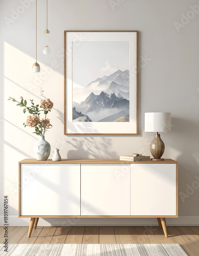 Room with art, flowers, light fixture and warm lighting