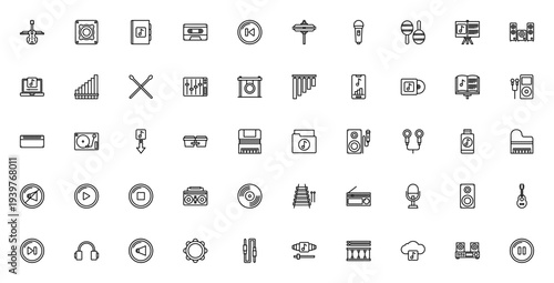 Music and song icon set. Vector illustration pack featuring violin, speaker, guitar, piano, headphones, microphone, radio, vinyl and more. Editable stroke icons.