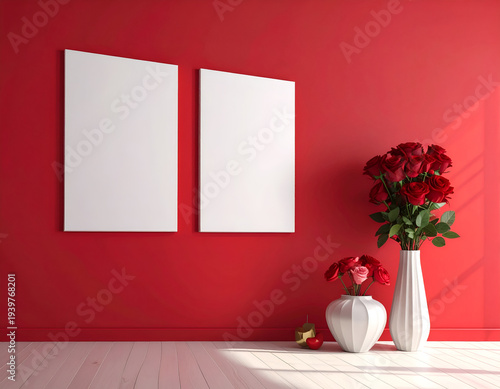 Red room, two frames, flowers in vases, bright light
