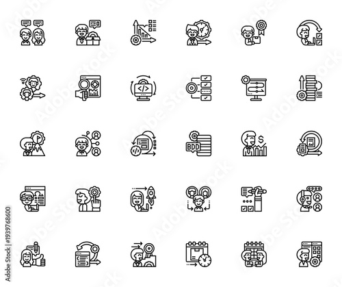 Agile Methodology icon set. Vector icons pack for scrum, backlog, sprint, task, team, development, analysis, and goal. Editable thin line illustrations.