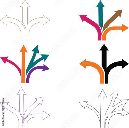 Collection of Arrows Diverging in Different Colors and Styles