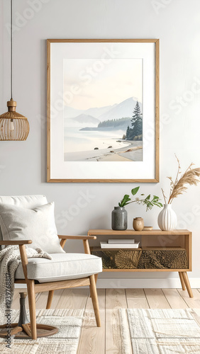 Minimalist room with nature art, light wood accents