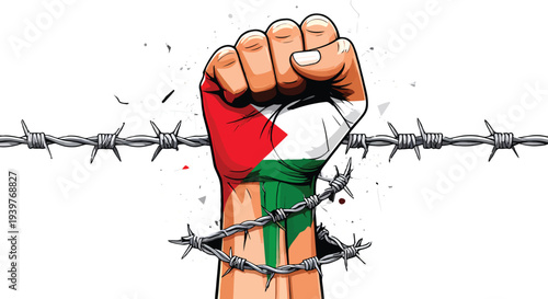 A cartoon vector illustration of a boy's fist and hand punching through barbed wire as a powerful symbol of a child's fight and a sign of artful resistance