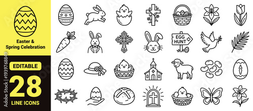 Easter and spring celebration icon set with eggs, bunnies, flowers, religious symbols, seasonal decor, egg hunt elements, and essential Easter ranking graphics in clean modern line‑art style