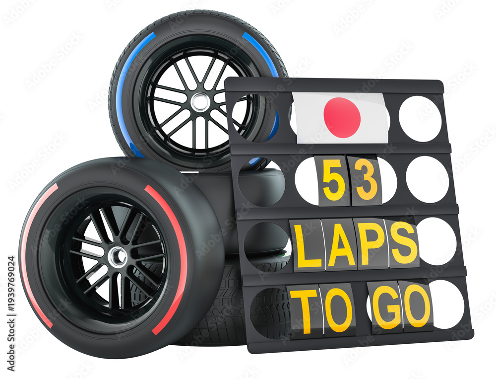 Fototapeta premium Japanese racing, Pit board with Japan flag, 53 laps to go and racing wheels with different compounds type tyres. 3D rendering
