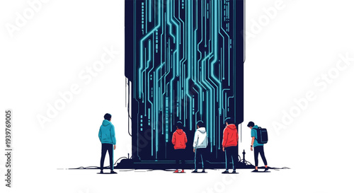 Diverse group of young people looking up at a towering abstract digital circuit board structure, symbolizing technology and future.