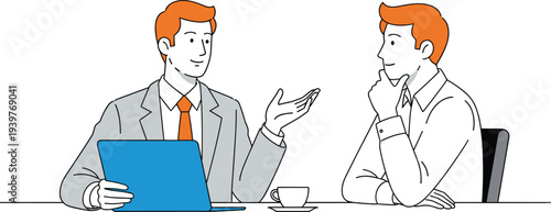 Two professional businessmen in suits having a meeting with laptop and coffee, discussing corporate strategy and project management in flat line style.