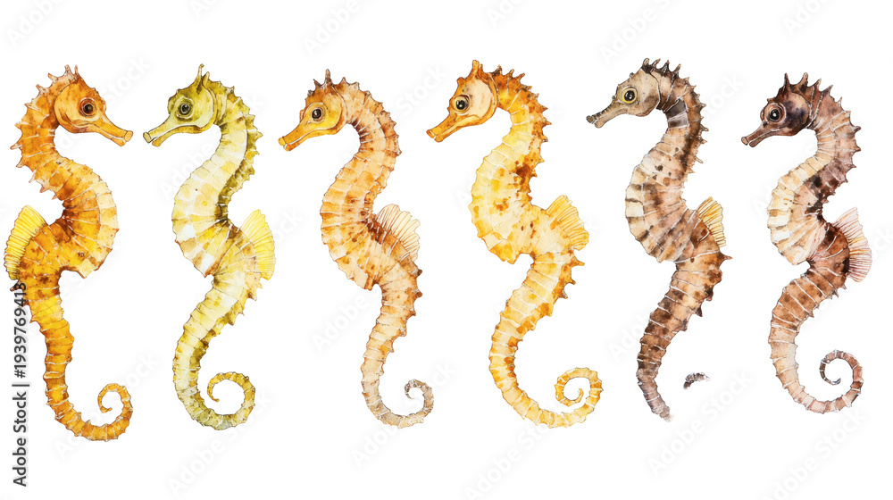 Fototapeta premium Row of seven watercolor seahorses in different colors, isolated on black background, hand-painted marine illustration set.